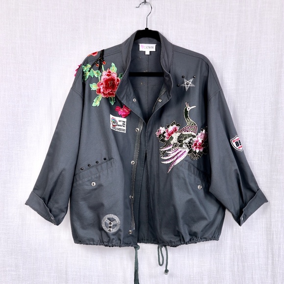 L'ATISTE Grey Denim Jacket with Embroidery Details - Picture 1 of 9